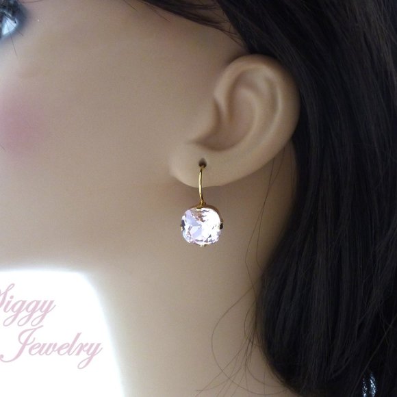Light Rose Solitaire Cushion Cut Drop Crystal Earrings, Assorted Finishes - Picture 5 of 6